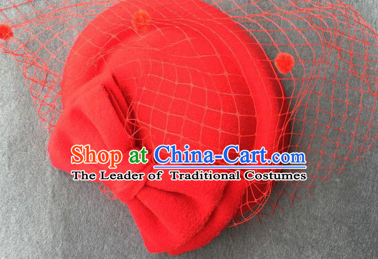 Handmade Wedding Vintage Hair Accessories Red Veil Wool Bowknot Top Hat, Bride Ceremonial Occasions Model Show Headdress