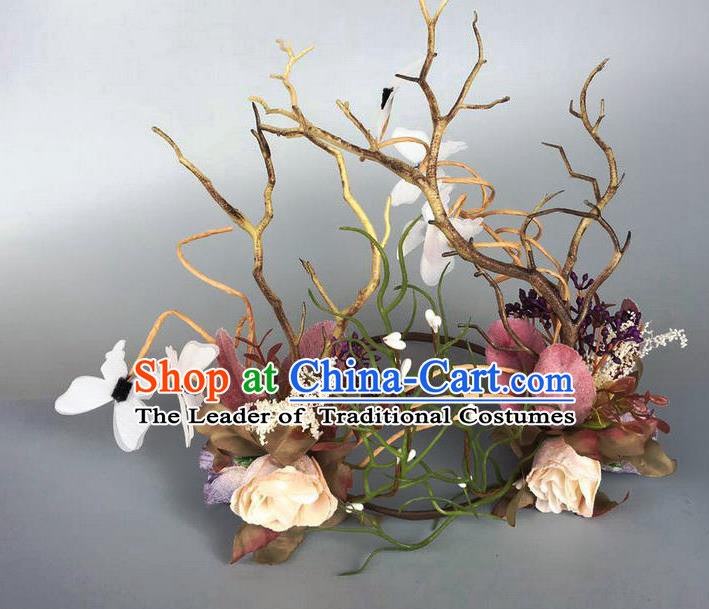 Handmade Exaggerate Fancy Ball Hair Accessories Branch Flowers Butterfly Headwear, Halloween Ceremonial Occasions Model Show Headdress