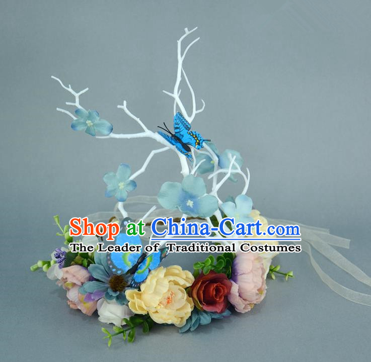 Handmade Exaggerate Fancy Ball Hair Accessories Branch Blue Flowers Butterfly Headwear, Halloween Ceremonial Occasions Model Show Headdress