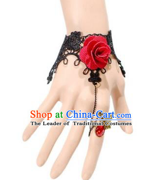 Handmade Exaggerate Fancy Ball Accessories Black Lace Bracelets, Halloween Ceremonial Occasions Vintage Red Rose Chain Bracelet