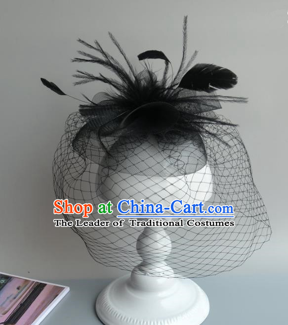 Handmade Baroque Hair Accessories Black Veil Feather Headwear, Bride Ceremonial Occasions Vintage Top Hat for Women