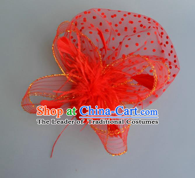 Handmade Baroque Wedding Hair Accessories Red Veil Feather Headwear, Bride Ceremonial Occasions Vintage Top Hat for Women