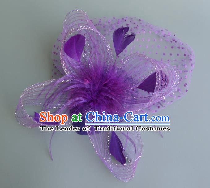 Handmade Baroque Wedding Hair Accessories Purple Veil Feather Headwear, Bride Ceremonial Occasions Vintage Top Hat for Women