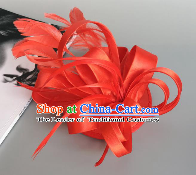 Handmade Wedding Hair Accessories Red Feather Headwear, Bride Ceremonial Occasions Vintage Top Hat