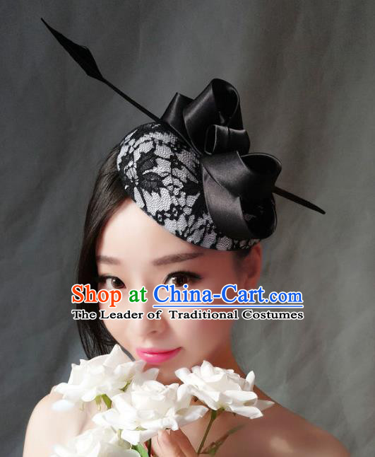 Handmade Baroque Wedding Hair Accessories Headwear, Bride Ceremonial Occasions Vintage Black Lace Top Hat for Women