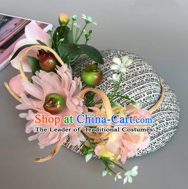 Handmade Baroque Hair Accessories Model Show Pink Silk Flowers Top Hat, Bride Ceremonial Occasions Headwear for Women