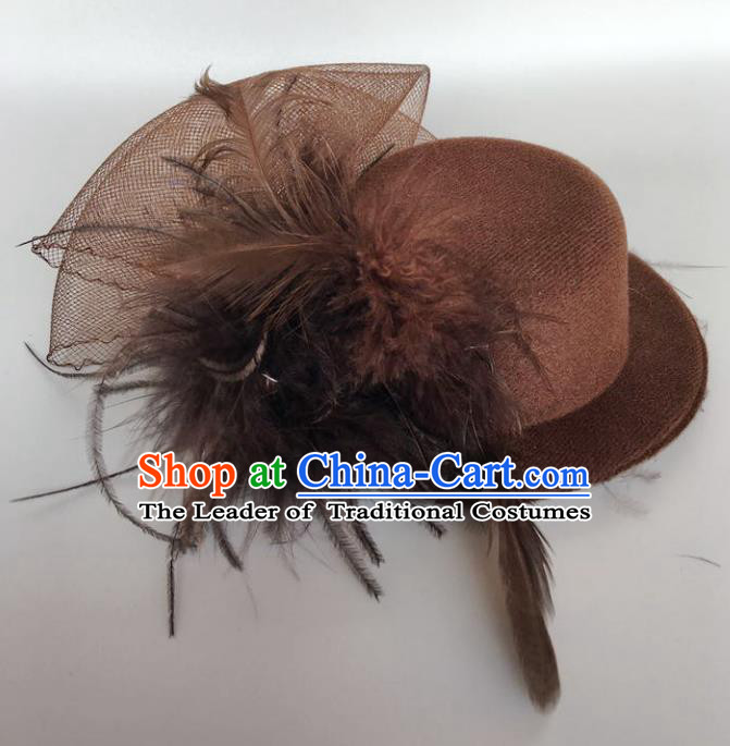 Handmade Baroque Hair Accessories Model Show Brown Feather Top Hat, Bride Ceremonial Occasions Headwear for Women
