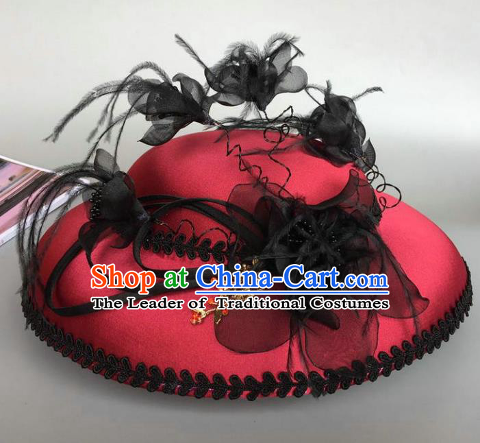 Top Grade Handmade Wedding Hair Accessories Feather Red Top Hat, Baroque Style Bride Headdress for Women