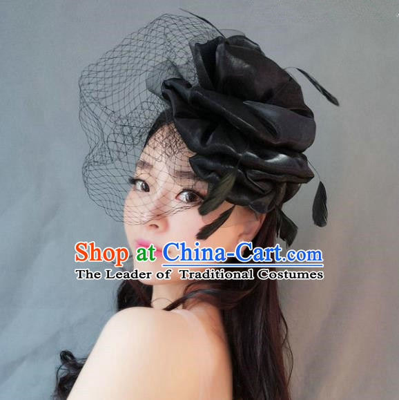 Handmade Baroque Hair Accessories Black Veil Mask, Bride Ceremonial Occasions Exaggerate Feather Hair Clasp for Women