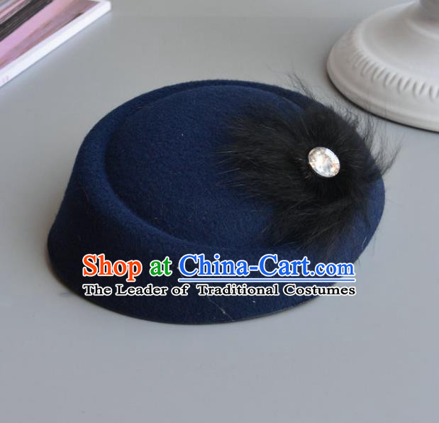Top Grade Handmade Wedding Hair Accessories Bride Headwear, Baroque Style Navy Crystal Top Hat for Women