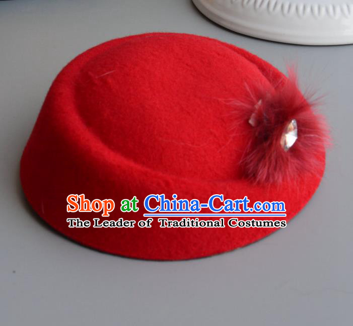 Top Grade Handmade Wedding Hair Accessories Bride Headwear, Baroque Style Wine Red Crystal Top Hat for Women