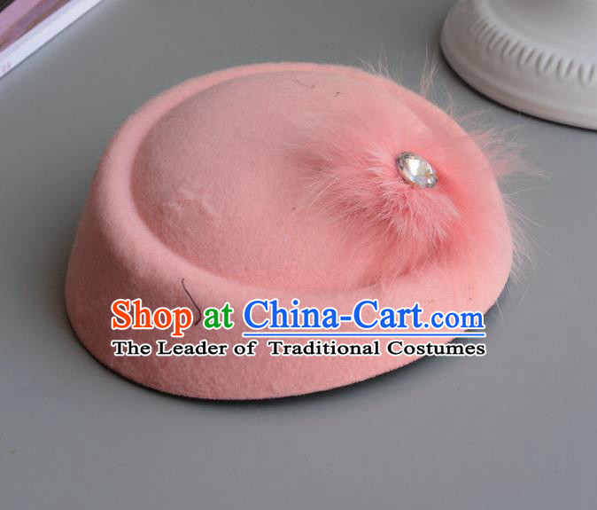 Top Grade Handmade Wedding Hair Accessories Bride Headwear, Baroque Style Pink Crystal Top Hat for Women