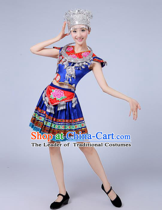 Traditional Chinese Miao Nationality Dance Costume, Hmong Female Folk Dance Ethnic Pleated Skirt Embroidery Clothing for Women