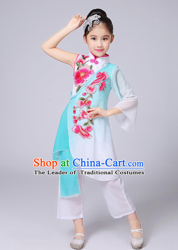 Traditional Chinese Classical Yangge Fan Dance Costume, Children Folk Dance Uniform Yangko Green Embroidery Clothing for Kids