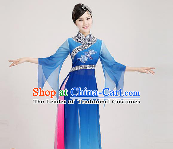 Traditional Chinese Classical Yangge Dance Embroidered Costume, Folk Fan Dance Uniform Classical Dance Blue Clothing for Women