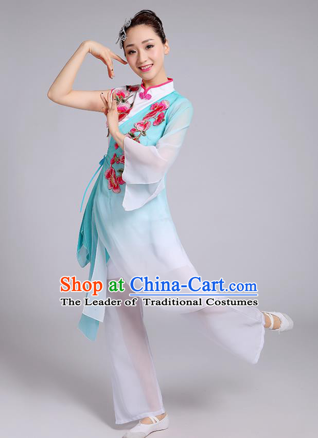 Traditional Chinese Classical Yangge Fan Dance Embroidered Costume, Folk Dance Uniform Classical Dance Green Clothing for Women