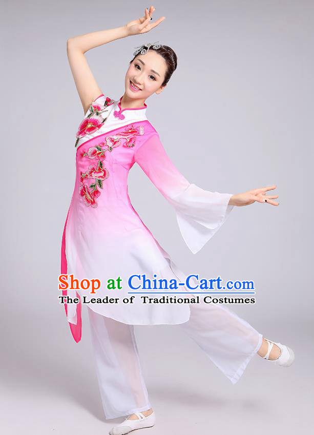 Traditional Chinese Classical Yangge Fan Dance Embroidered Costume, Folk Dance Uniform Classical Dance Pink Clothing for Women