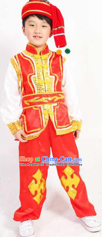 Traditional Chinese Classical Yangge Fan Dance Costume, Dai Nationality Folk Dance Uniform Drum Dance Red Clothing for Kids