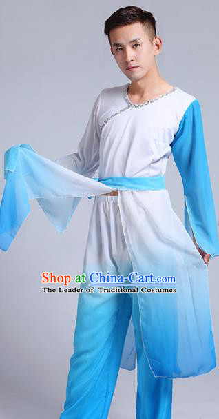 Traditional Chinese Classical Yangge Dance Costume, Folk Fan Dance Uniform Drum Dance Blue Clothing for Men