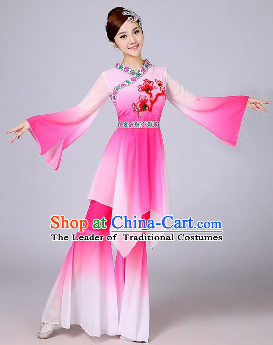 Traditional Chinese Yangge Fan Dance Embroidered Costume, Folk Dance Uniform Classical Dance Mandarin Sleeve Pink Clothing for Women