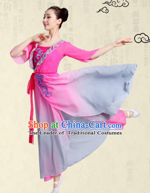 Traditional Chinese Yangge Fan Dance Embroidered Costume, Folk Dance Uniform Classical Dance Pink Dress Clothing for Women