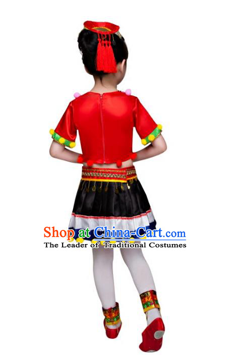 Traditional Chinese Miao Nationality Dance Costume, Children Folk Dance Ethnic Pleated Skirt Embroidery Red Clothing for Kids