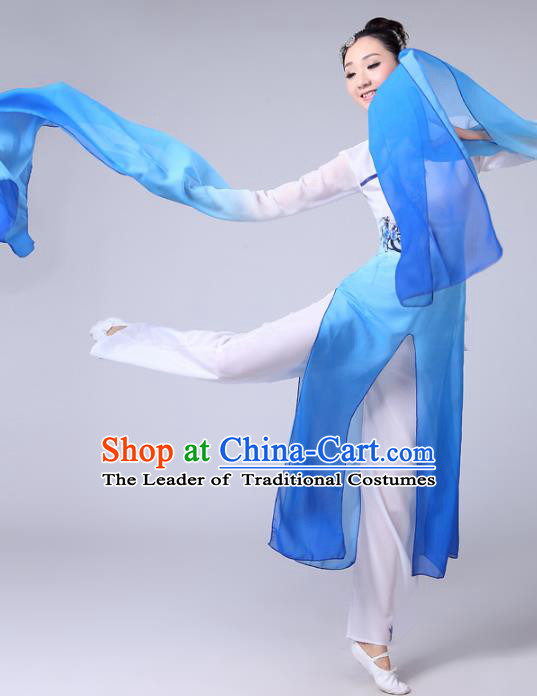 Traditional Chinese Classical Yangge Fan Dance Costume, Folk Dance Uniform Classical Dance Water Sleeve Blue Clothing for Women