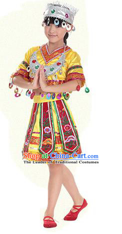 Traditional Chinese Miao Nationality Dance Costume, Hmong Children Folk Dance Ethnic Pleated Skirt Embroidery Yellow Clothing for Kids