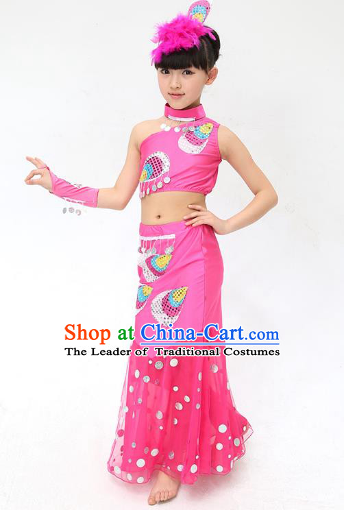 Traditional Chinese Dai Nationality Peacock Dance Pink Costume, Folk Dance Ethnic Pavane Clothing Minority Dance Dress for Kids