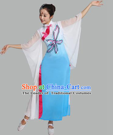 Traditional Chinese Yangge Fan Dance Mandarin Sleeve Costume, Folk Umbrella Dance Uniform Classical Dance Blue Dress Clothing for Women