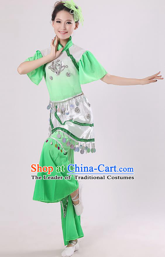 Traditional Chinese Yangge Fan Dance Mandarin Sleeve Costume, Folk Umbrella Dance Green Uniform Classical Dance Clothing for Women