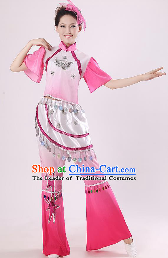 Traditional Chinese Yangge Fan Dance Mandarin Sleeve Costume, Folk Umbrella Dance Pink Uniform Classical Dance Clothing for Women
