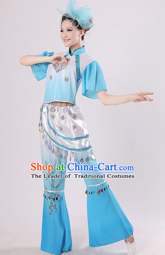 Traditional Chinese Yangge Fan Dance Mandarin Sleeve Costume, Folk Umbrella Dance Blue Uniform Classical Dance Clothing for Women