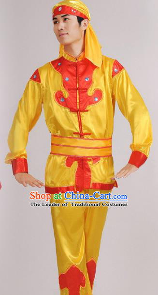 Traditional Chinese Classical Yangge Dance Embroidered Costume, Folk Lion Dance Uniform Drum Dance Yellow Clothing for Men