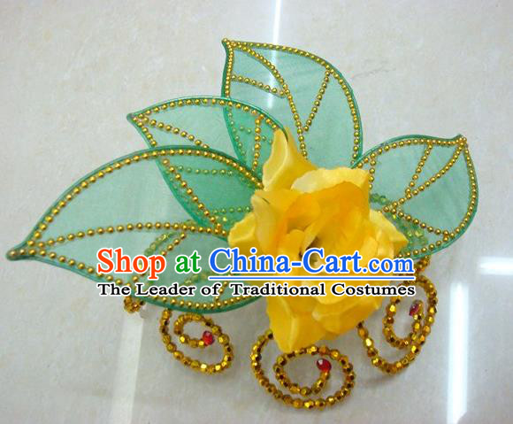 Top Grade Handmade Chinese Folk Dance Hair Accessories, China Yangge Fan Dance Yellow Flower Headwear for Women