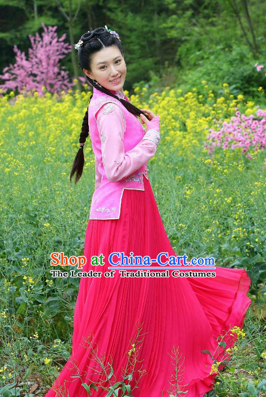 Traditional Chinese Qing Dynasty Young Lady Embroidered Costume, Asian China Ancient Princess Clothing for Women