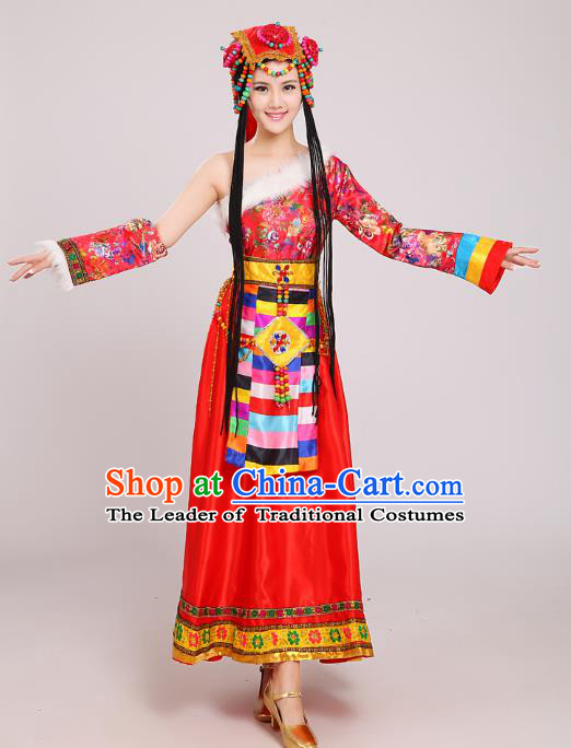 Traditional Chinese Zang Nationality Dance Costume, China Tibetan Minority Embroidery Red Dress for Women