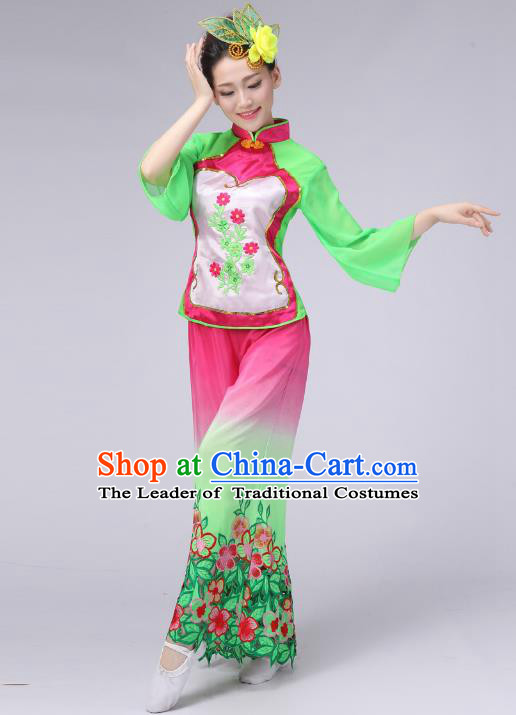 Traditional Chinese Classical Yangge Fan Dance Embroidered Costume, Folk Dance Uniform Umbrella Dance Green Clothing for Women