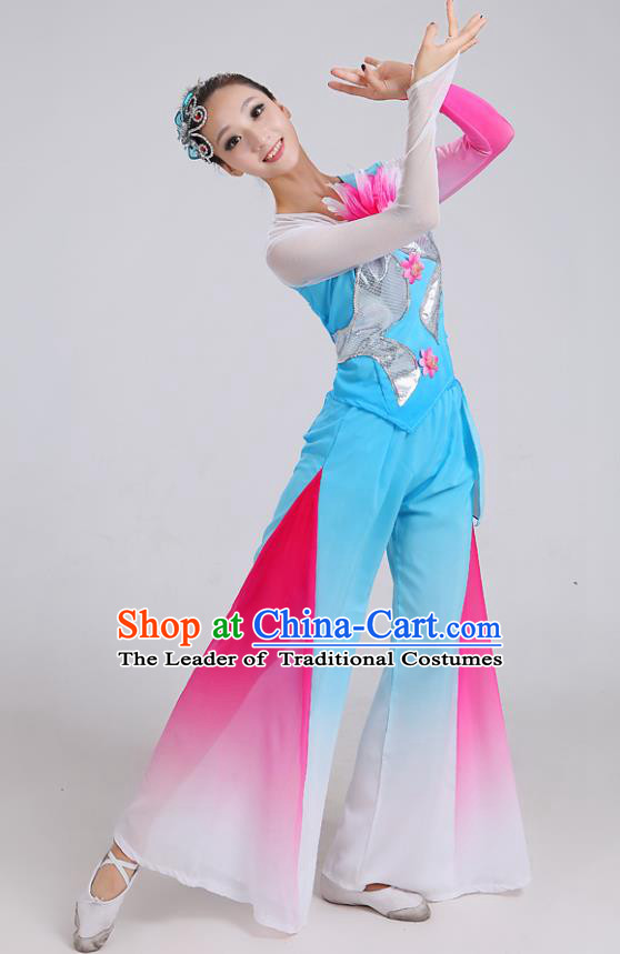 Traditional Chinese Yangge Dance Embroidered Blue Costume, Folk Fan Dance Uniform Classical Umbrella Dance Clothing for Women