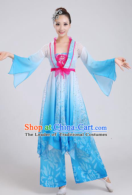 Traditional Chinese Yangge Dance Embroidered Blue Mandarin Sleeve Costume, Folk Fan Dance Uniform Classical Umbrella Dance Clothing for Women