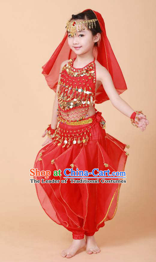 Traditional Chinese Uyghur Nationality Indian Dance Costume, China Uigurian Minority Embroidery Red Clothing for Kids