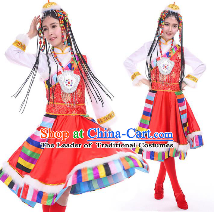 Traditional Chinese Mongol Nationality Dance Costume, Mongols Dance Ethnic Pleated Skirt Mongolian Minority Embroidery Clothing for Women