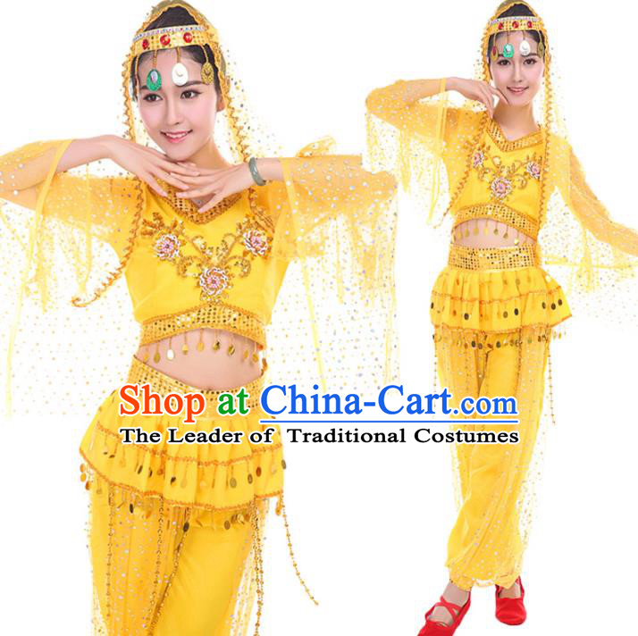 Traditional Chinese Uyghur Nationality Dance Costume, Chinese Minority Nationality Uigurian Dance Yellow Clothing for Women
