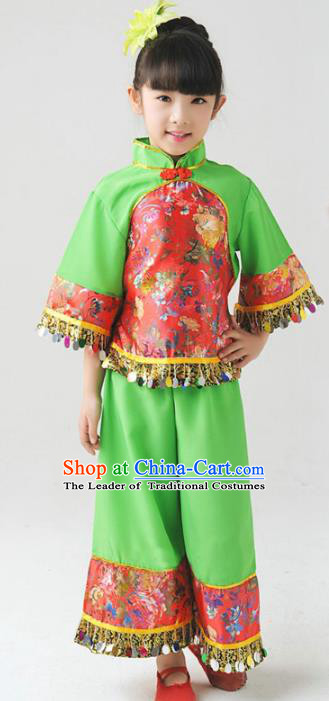 Traditional Chinese Classical Yangge Dance Embroidered Costume, Folk Dance Uniform Drum Dance Green Clothing for Kids