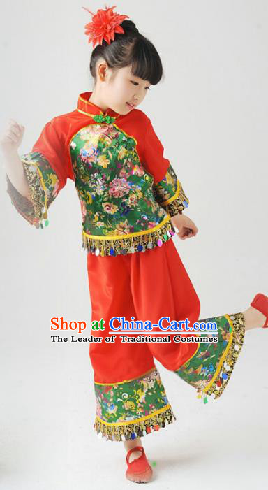 Traditional Chinese Classical Yangge Dance Embroidered Costume, Folk Dance Uniform Drum Dance Red Clothing for Kids