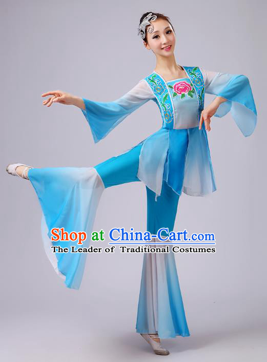 Traditional Chinese Yangge Dance Blue Costume, Folk Lotus Dance Uniform Classical Umbrella Dance Embroidery Clothing for Women