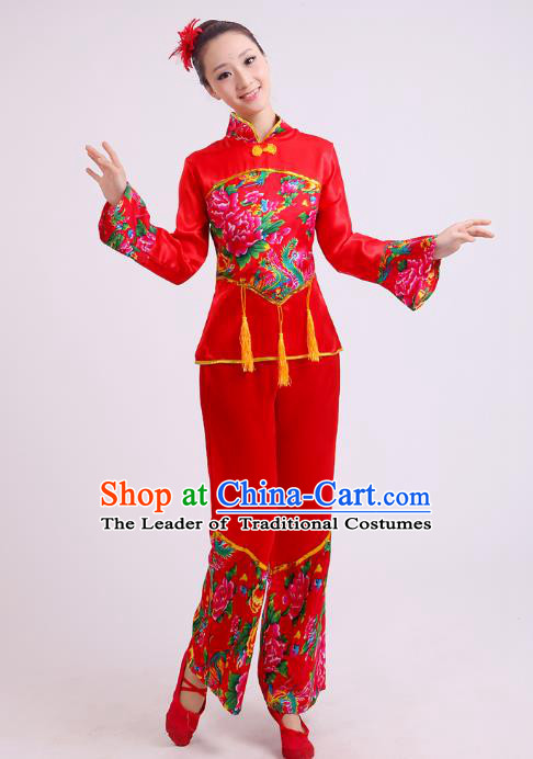 Traditional Chinese Yangge Dance Red Costume, Folk Waist Drum Dance Uniform Classical Dance Embroidery Clothing for Women