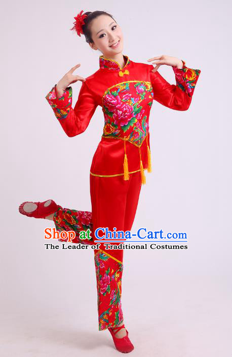 Traditional Chinese Yangge Fan Dancing Costume Modern Dance Dress Clothing and Headwear