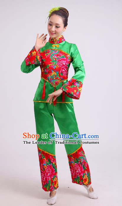 Traditional Chinese Yangge Dance Green Costume, Folk Waist Drum Dance Uniform Classical Dance Embroidery Clothing for Women