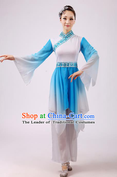 Traditional Chinese Yangge Fan Dance Dance Blue Costume, Folk Dance Uniform Classical Dance Mandarin Sleeve Clothing for Women